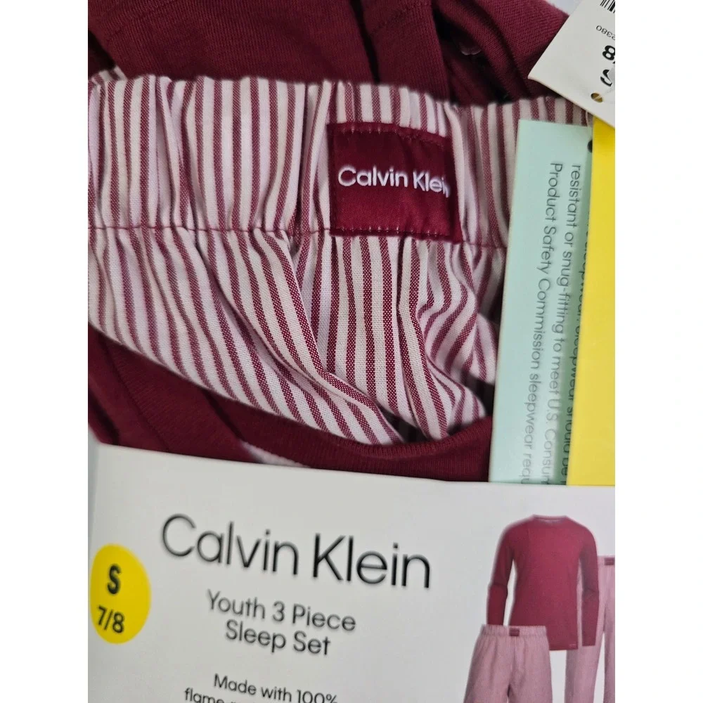 Calvin Klein Youth 3 Piece Sleep Set Tibetan Red Stripe Pajamas 7/8 1942380 NWT